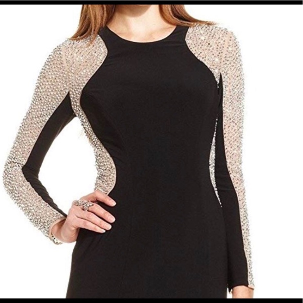 Xscape Illusion Long Beaded Sleeve Gown